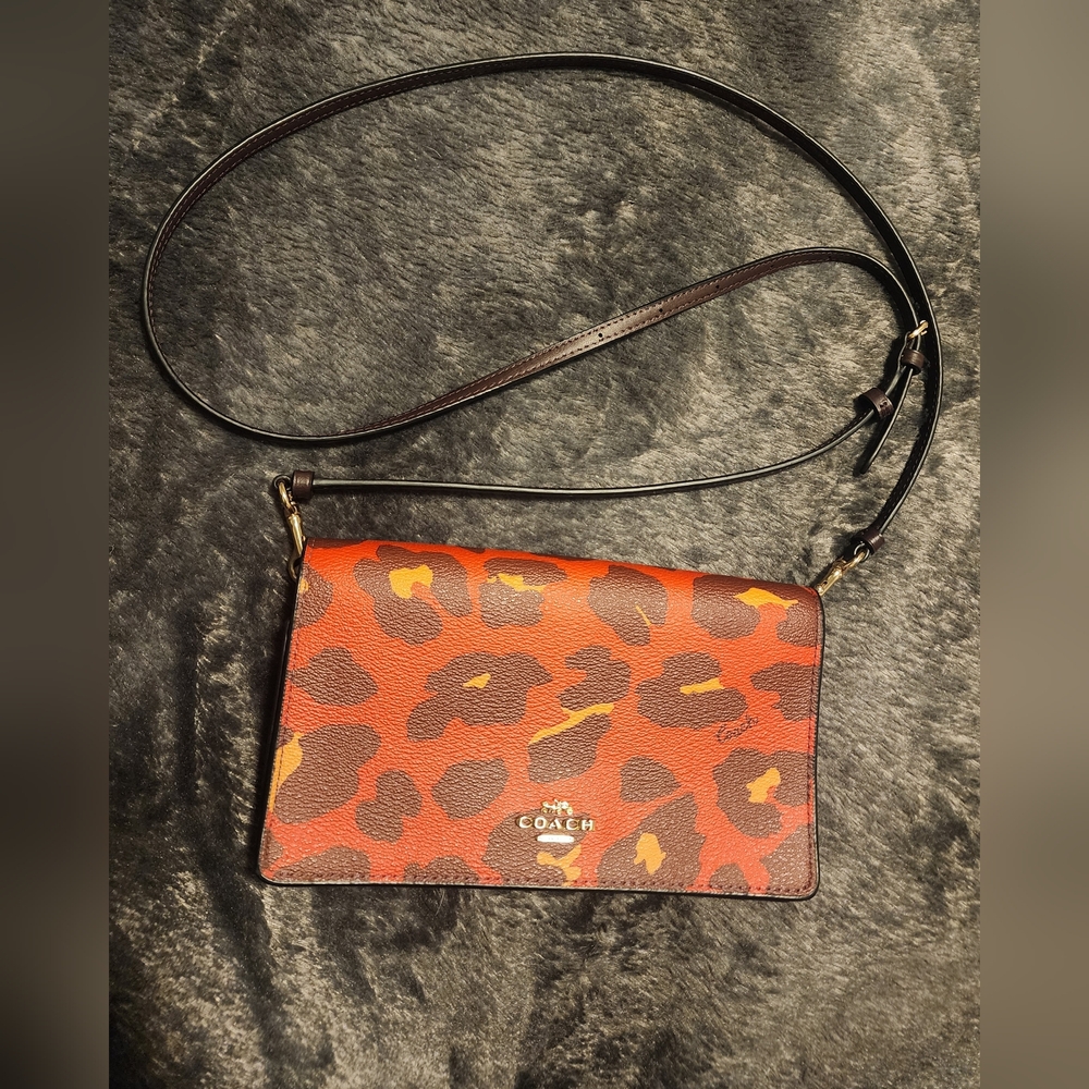 Coach Anna Poppy Red and Brown Leopard Print Foldover Crossbody Bag
